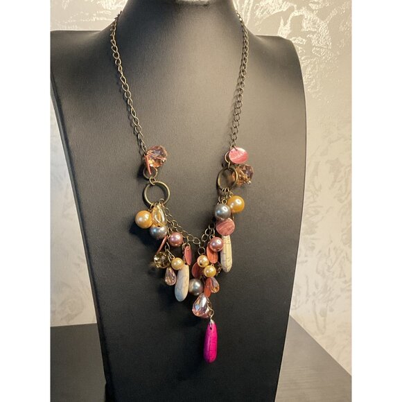 Statement Multi-Bead Chunky Necklace With Pink Pendant - Picture 1 of 5